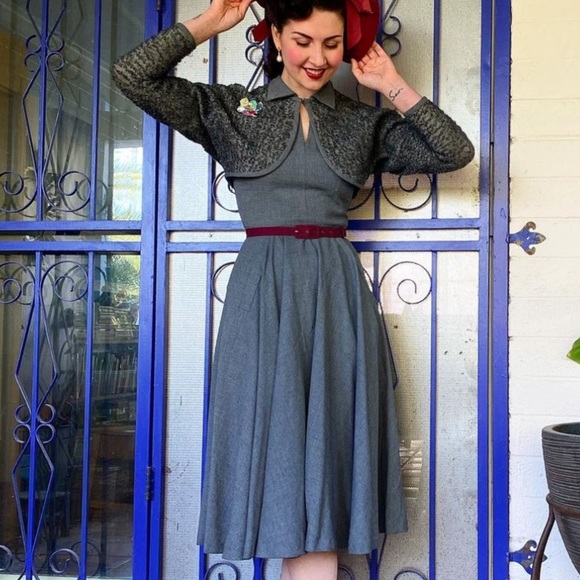 Ensemble Robe Et Boléro Vintage Années 40/50 – Taille 36/38 – Noir Et Rose